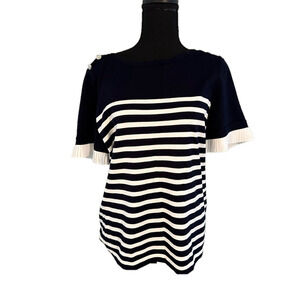 KARL LAGERFELD BLUE AND WHITE STRIPED RUFFLE SLEEVE TOP & SILVER BUTTON DETAIL